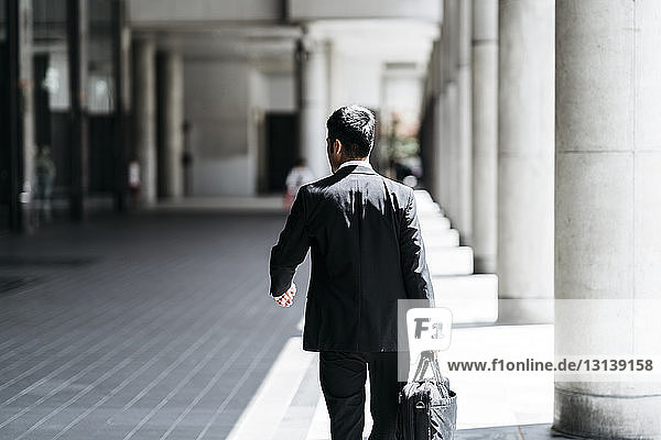 Rear view of businessman carrying briefcase while walking at colonnade