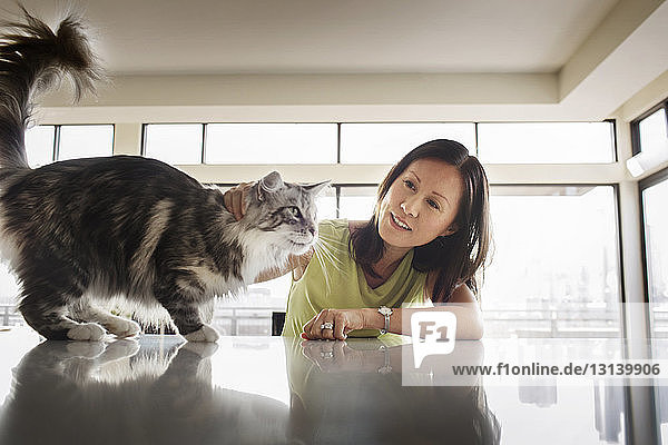 Frau spielt zu Hause mit Katze auf dem Tisch