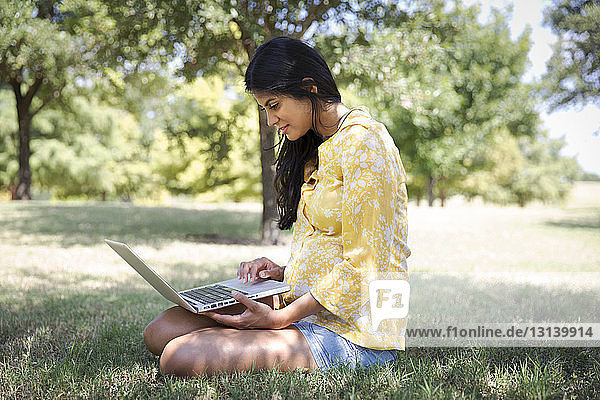Lächelnde Frau benutzt Laptop  während sie im Park auf dem Rasen sitzt