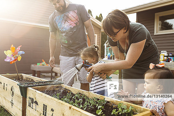 Eltern mit Kindern gießen Pflanzen im Garten