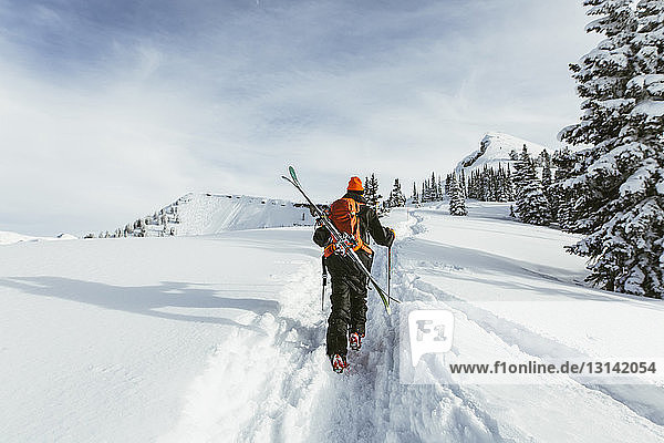 Rear view of hiker with backpack and ski walking on snowcapped mountain