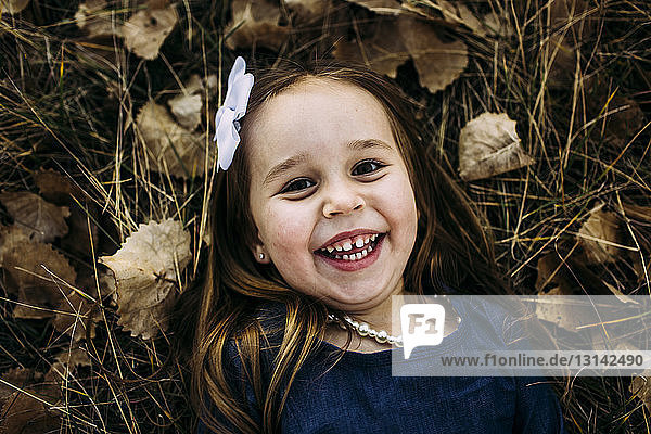 Portrait eines niedlichen  fröhlichen Mädchens  das im Herbst auf einem Feld im Park liegt