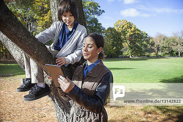 Teacher showing tablet computer to boy sitting on tree branch