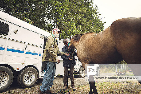 Ärztin untersucht Pferd  während sie mit Mann auf dem Bauernhof steht
