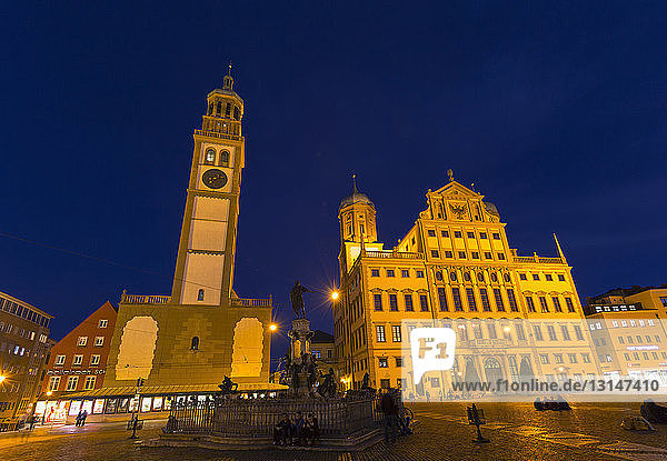 Augsburg City Hall and Perlachturm Tower by night  Bavaria  Germany