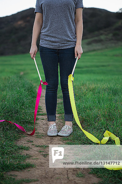 Ausgeschnittene Aufnahme einer jungen Frau  die auf einem Feld steht und Tanzbändchen hält