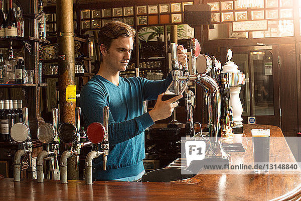 Young man working in public house  serving drinks