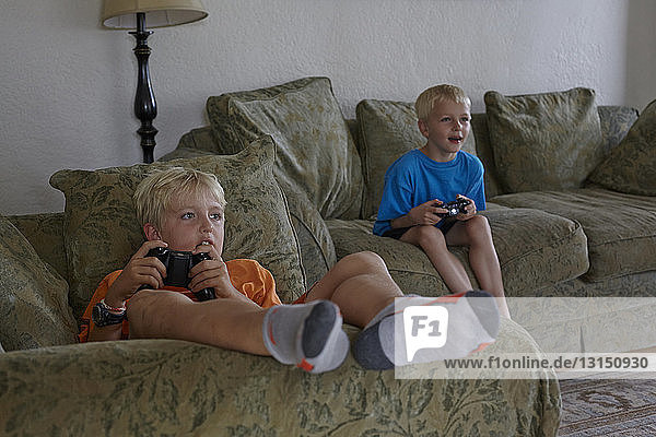 Brothers playing video game in living room