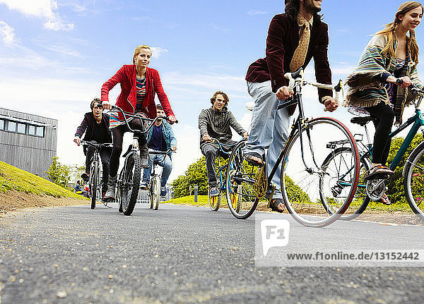 Teenagers riding bicycles in park