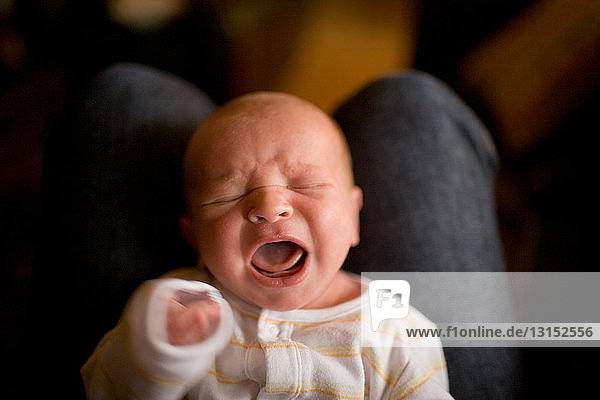 Newborn baby boy crying on parent's lap