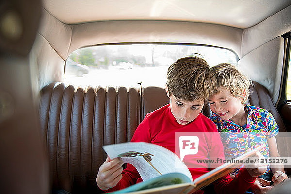 Boys sitting in back of car reading book