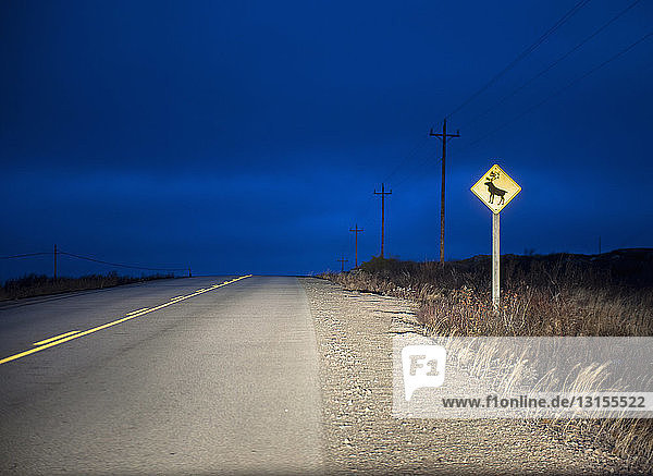 Rentier-Warnschild auf einer Landstraße bei Nacht  Fogo Island  Neufundland  Kanada