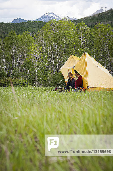 Campers on backpacking trip hanging out  Uinta National Forest  Wasatch Mountains  Utah  USA