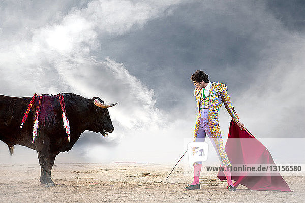 Stierkämpfer mit rotem Umhang und Stier  Stierkampfarena Las Ventas  Madrid