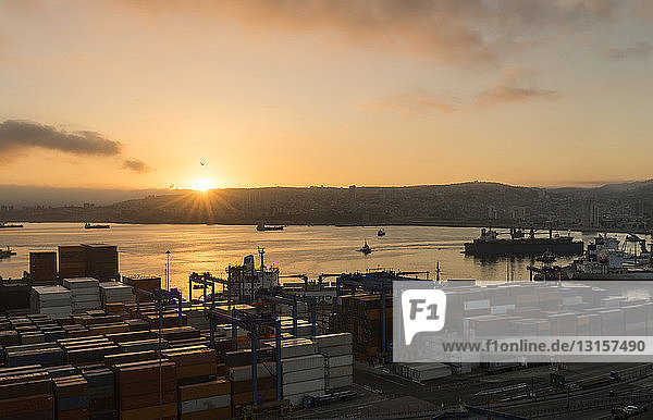 View of city and ports at dawn from Paseo 21 de Mayo  Cerro Playa Ancha  Valparaiso  Central Coast  Chile