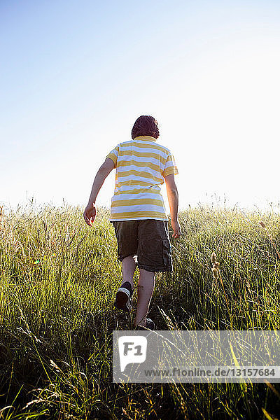 Boy Walking Through Grassland