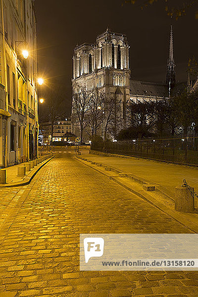Blick auf die Kathedrale Notre Dame und die Kopfsteinpflasterstraße bei Nacht  Paris  Frankreich