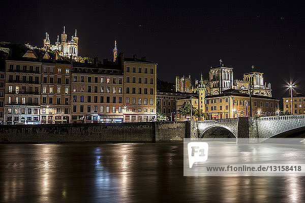 Architecture by the river at night  Lyon  France