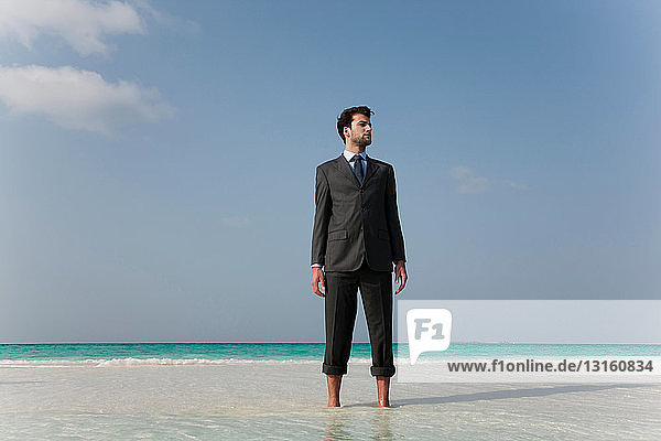 Businessman standing on tropical beach