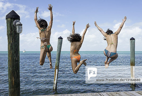 Rückansicht von drei jungen Frauen  die vom Seepier springen  Islamorada  Florida  USA