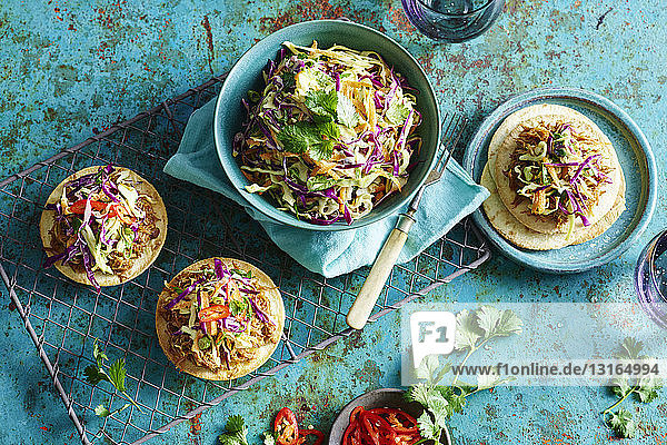 Pulled Chicken Tostada with Slaw