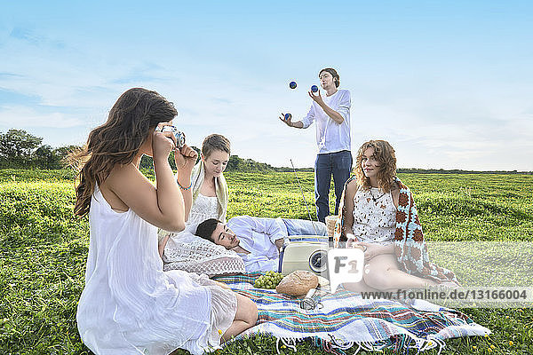 Group of young adult friends having a picnic in field