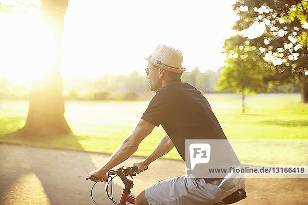 Mittelgroßer erwachsener Mann fährt Fahrrad im sonnenbeschienenen Park