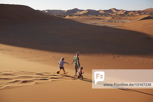 Mutter und Söhne wandern auf Sanddünen  Namib Naukluft Nationalpark  Namib Wüste  Sossusvlei  Dead Vlei  Afrika