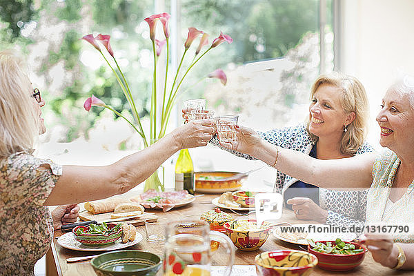 Drei Frauen beim gemeinsamen Mittagessen zu Hause  die einen Toast aussprechen