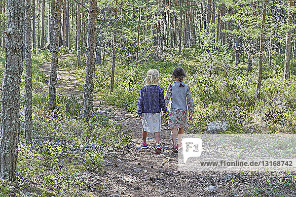 Rear view of two girls wearing retro clothes walking in forest