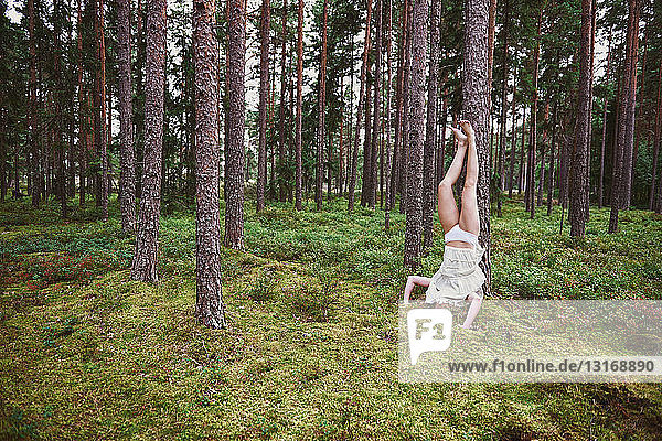 Junge Frau macht Kopfstand gegen Baum im Wald