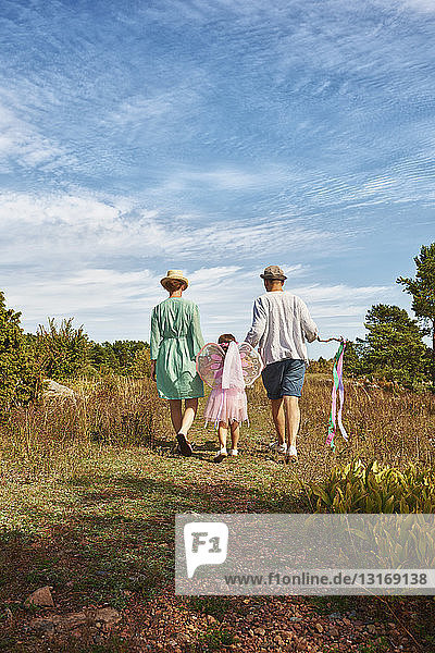 Family walking on grass  rear view  Eggegrund  Sweden
