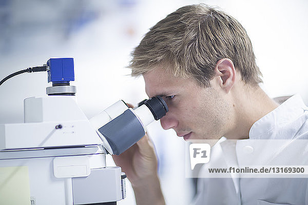 Männlicher Wissenschaftler mit Mikroskop im Labor