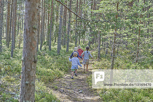 Rear view of four boys and girls wearing retro clothes walking in forest