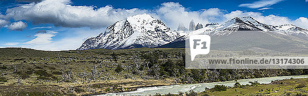 Chile  Patagonia  Magallanes y la Antartica Chilena Region  Torres del Paine National Park  Cerro Paine Grande and Torres del Paine  Rio Paine