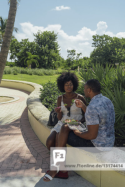 USA  Florida  Miami Beach  junges Paar teilt sich einen Salat in einem Park