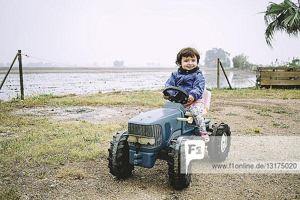 Kleines Mädchen fährt einen Spielzeugtraktor neben den Reisfeldern
