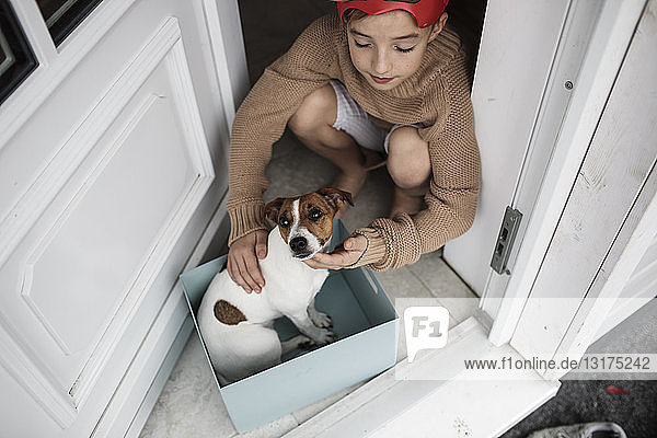Junge mit Jack Russel Terrier in einem Pappkarton am Hauseingang sitzend