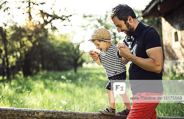 Vater hilft seinem kleinen Sohn beim Balancieren auf einem Zaun