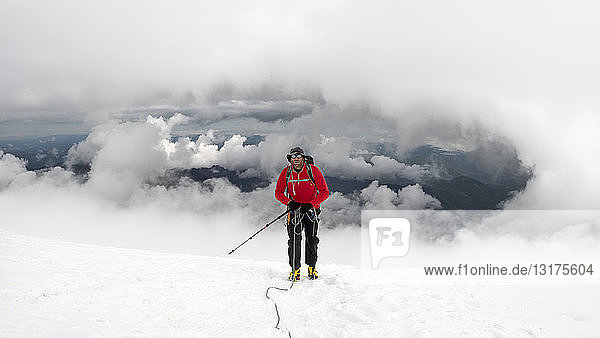 Russia  Upper Baksan Valley  Caucasus  Mountaineer ascending Mount Elbrus