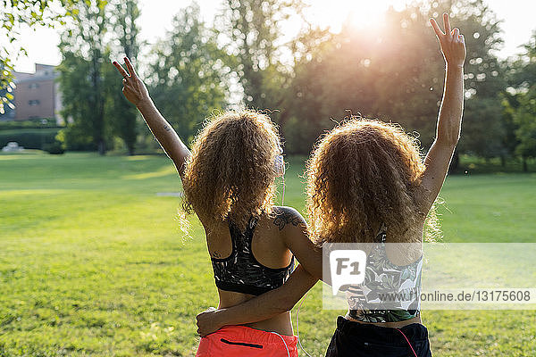 Rückenansicht von Zwillingsschwestern  die Seite an Seite in einem Park stehen und Siegeszeichen zeigen