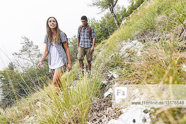 Italy  Massa  young couple hiking in the Alpi Apuane mountains
