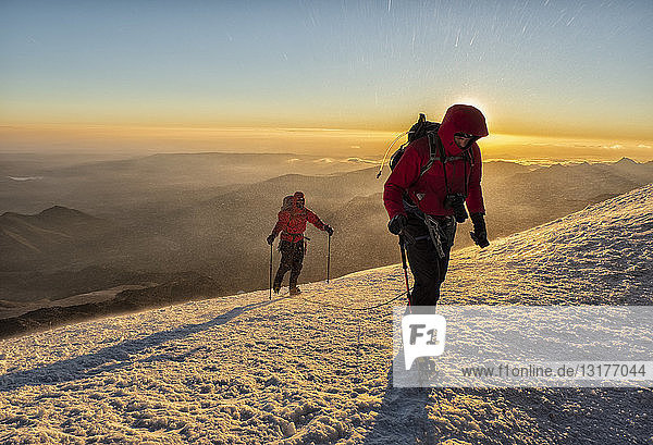 Russia  Upper Baksan Valley  Caucasus  Mountaineer ascending Mount Elbrus
