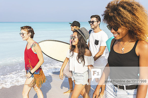 Group of friends walking on the beach  carrying surfboards