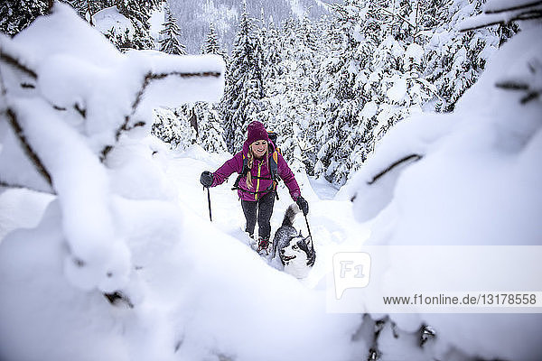 Österreich  Altenmarkt-Zauchensee  junge Frau mit Hund auf Skitour im Winterwald
