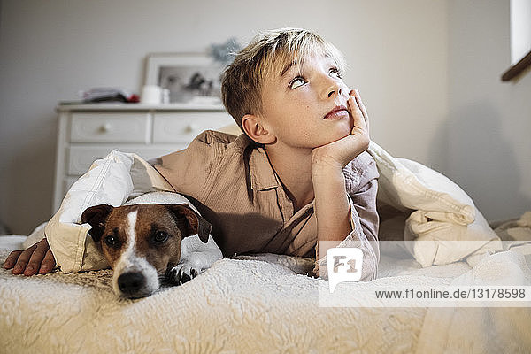 Portrait of blond boy and his Jack Russel Terrier lying together on bed
