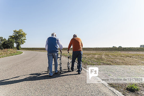 Zwei alte Freunde gehen auf einer Landstraße und benutzen Rollatoren