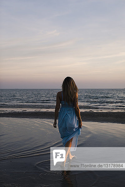 Rückenansicht einer jungen Frau in blauem Kleid  die bei Sonnenuntergang am Strand spazieren geht