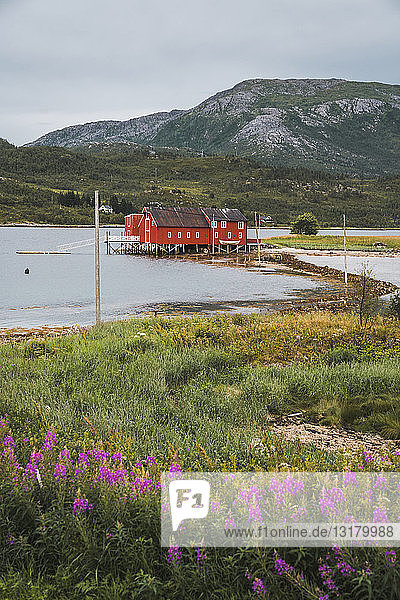 Nordnorwegen  Lappland  Rotes Holzhaus an einem Fjord