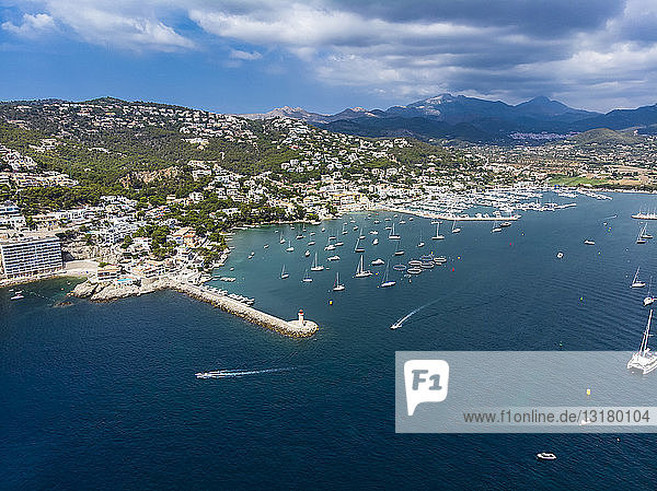 Spain Balearic Islands Mallorca Andratx Region Aerial view of Port d'Andratx coast and natural harbour with lighthouse